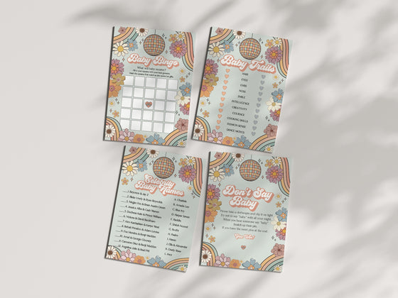 Groovy Floral Baby Shower Games Bundle Instant Download, 70s theme retro baby shower for girl,