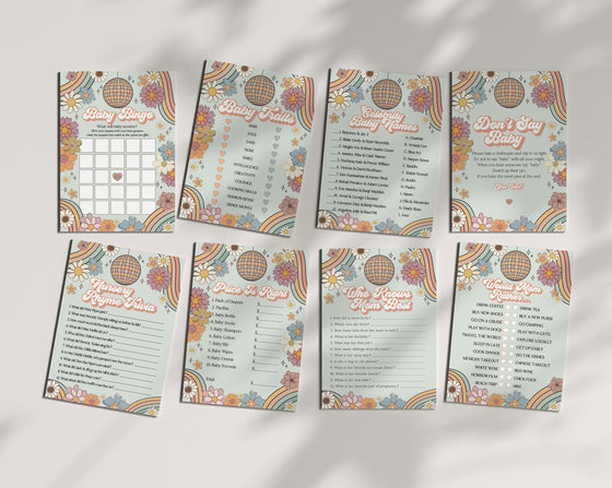 Groovy Floral Baby Shower Games Bundle Instant Download, 70s theme retro baby shower for girl,