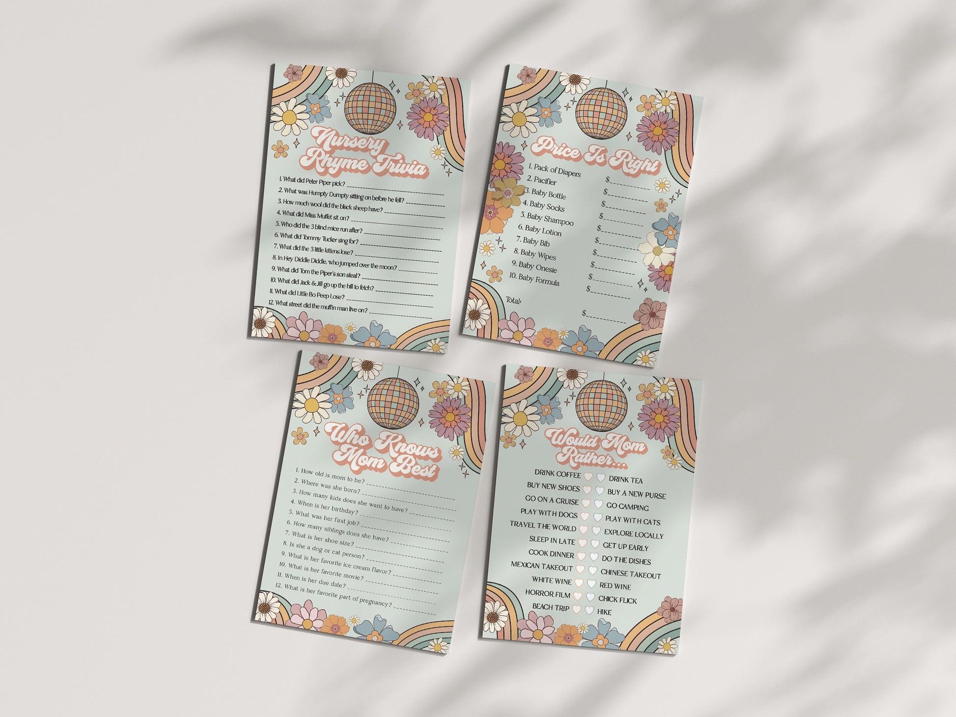 Groovy Floral Baby Shower Games Bundle Instant Download, 70s theme retro baby shower for girl,