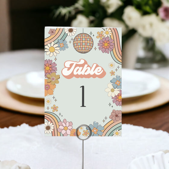 Groovy Floral Table Number Card Printable Template, Groovy baby shower, retro 70s birthday instant download diy table numbers groovy wedding