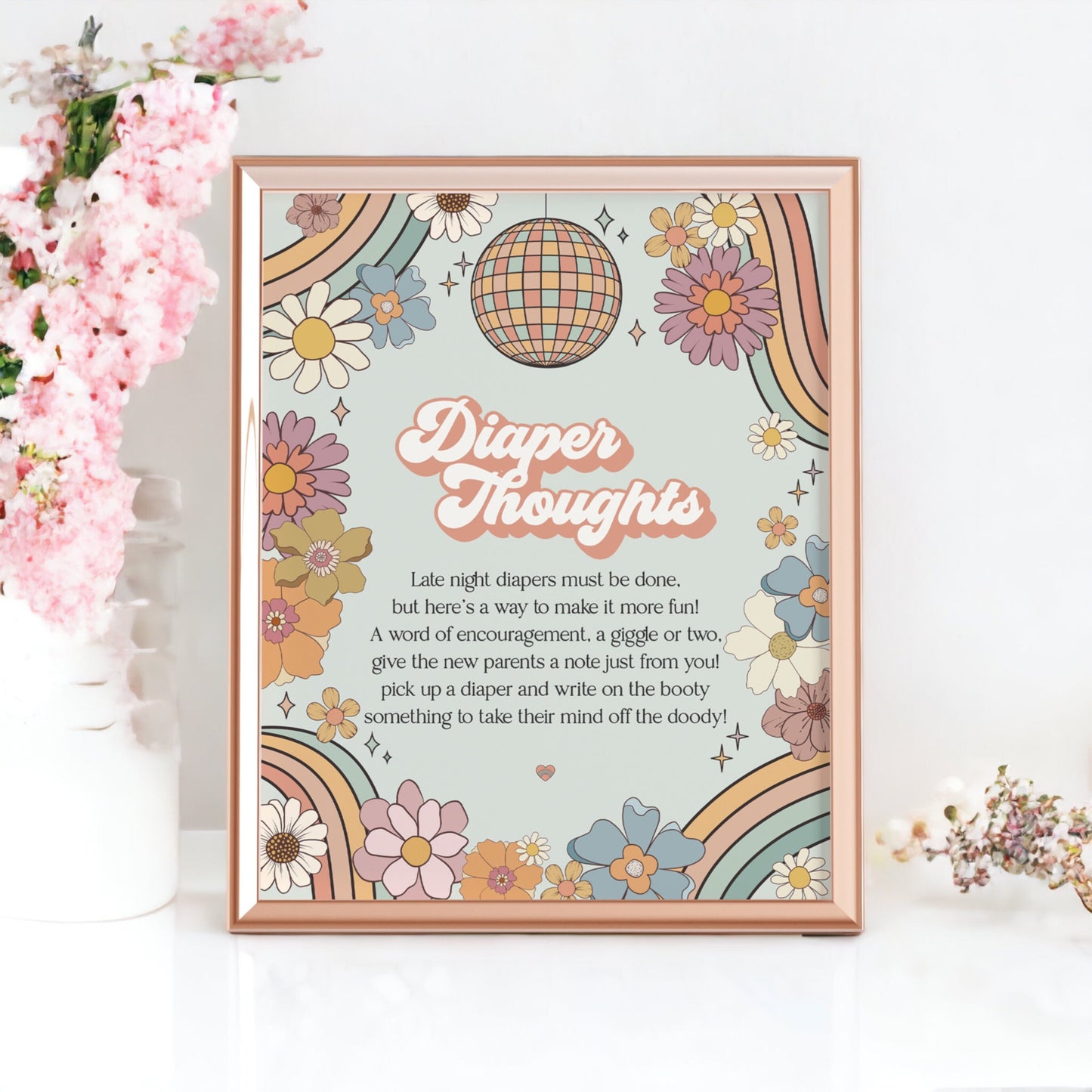 Groovy Floral Baby Shower Diaper Thoughts Sign Instant Download, retro 70s theme baby shower for girl, diaper message sign disco baby shower