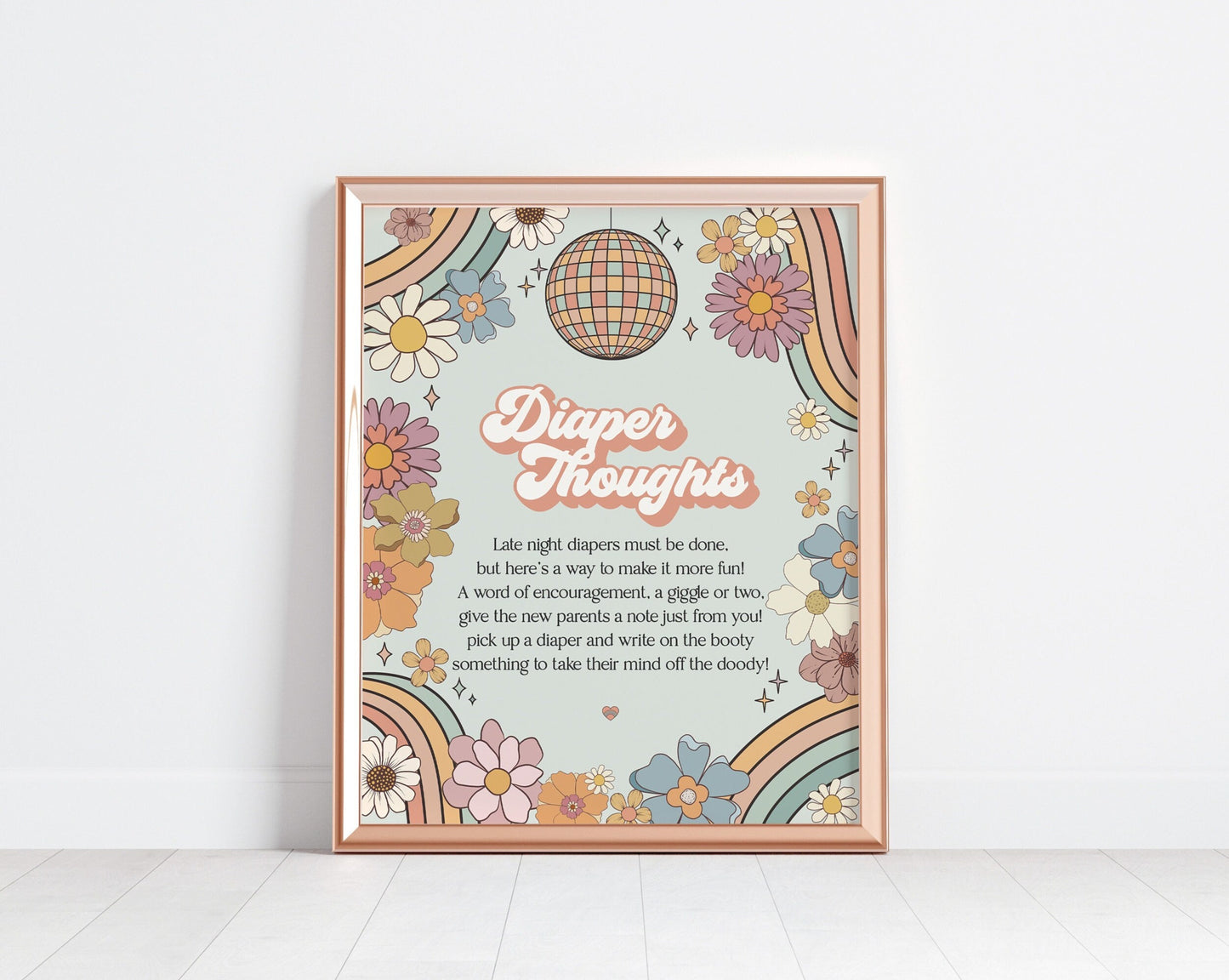 Groovy Floral Baby Shower Diaper Thoughts Sign Instant Download, retro 70s theme baby shower for girl, diaper message sign disco baby shower