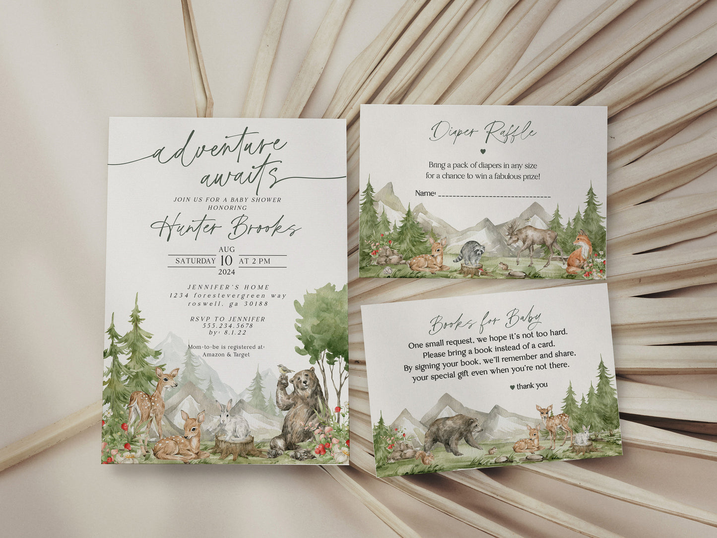 Woodland Animals Baby Shower Bundle Printable, mountain adventure awaits party pack, gender neutral camping invitation woodsy baby shower