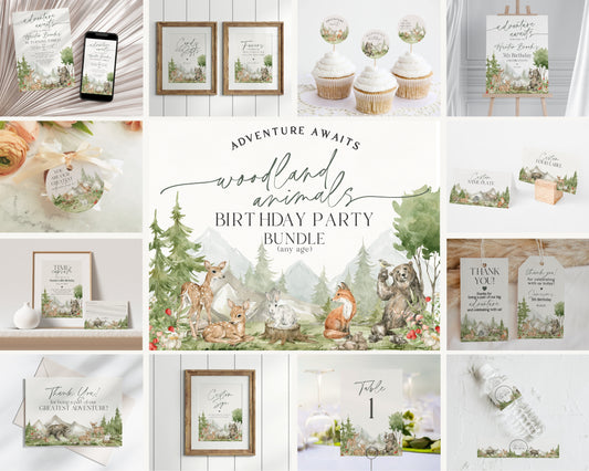 Woodland Animals Birthday Party Bundle Printable, adventure awaits party pack, gender neutral camping invite woodsy birthday decor bundle