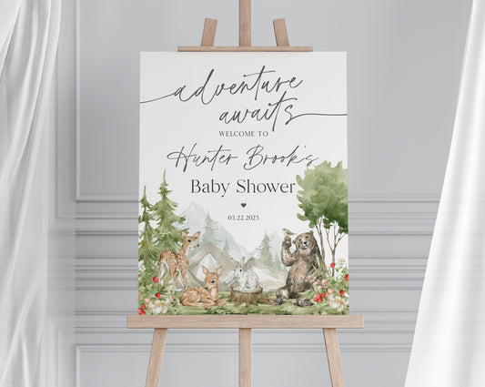 Woodland Animals Baby Shower Welcome Sign Template, wilderness outdoor baby shower Welcome Sign adventure awaits woodsy gender neutral party