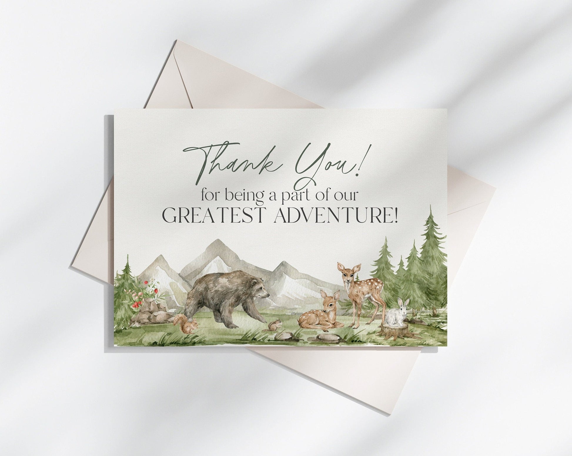 Woodland Animals Thank You Card Printable Template, woodsy baby shower for girl or boy, outdoor camping birthday party, adventure awaits