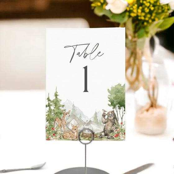 Woodland Animals Baby Shower or Birthday Party Table Numbers Instant Download, Printable Wilderness wedding decor, woodsy baby shower