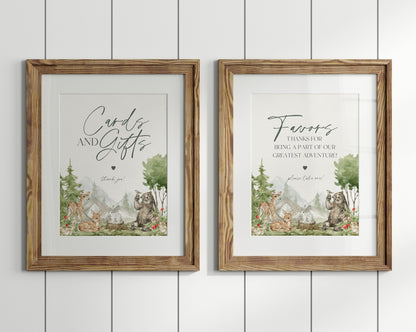 Woodland Animals Cards and Gifts Sign and Woodsy Favors Sign Printable Template, adventure awaits baby shower, outdoor mountain baby shower