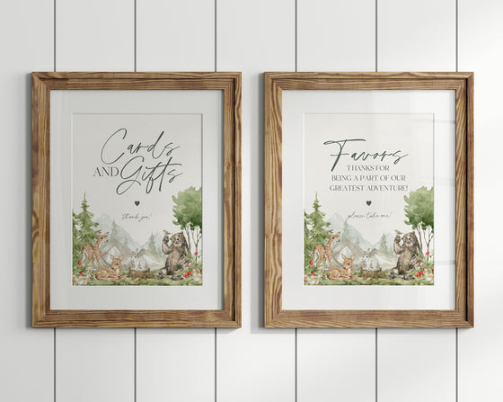 Woodland Animals Cards and Gifts Sign and Woodsy Favors Sign Printable Template, adventure awaits baby shower, outdoor mountain baby shower