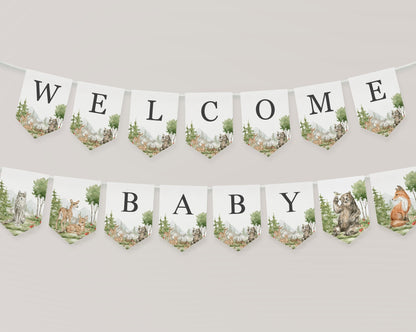 Woodland Animals Baby Shower Banner Printable Template, woodsy baby shower Pennant, woodland creatures gender neutral banner baby sign