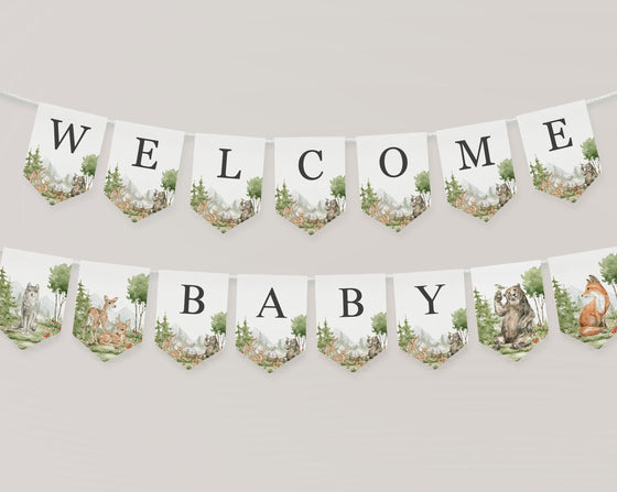 Woodland Animals Baby Shower Banner Printable Template, woodsy baby shower Pennant, woodland creatures gender neutral banner baby sign