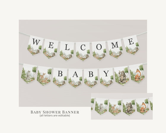 Woodland Animals Baby Shower Banner Printable Template, woodsy baby shower Pennant, woodland creatures gender neutral banner baby sign