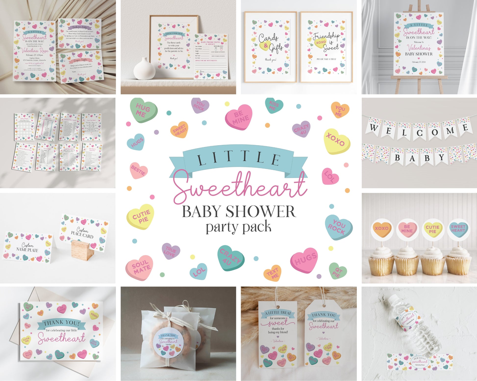 Little Sweetheart Candy Baby Shower Bundle Printable, instant download February girl baby shower, Valentine baby shower for winter party