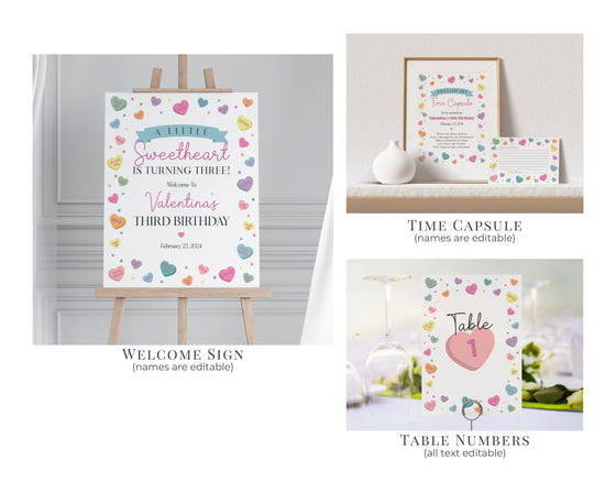 Little Sweetheart Candy First Birthday Bundle Printable, instant download February girl 1st birthday, Valentine birthday party for winter