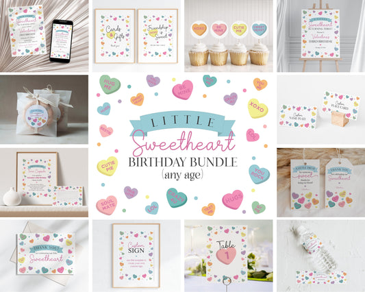 Little Sweetheart Candy Birthday Bundle Printable, instant download February girl birthday, Little Valentine birthday party for winter