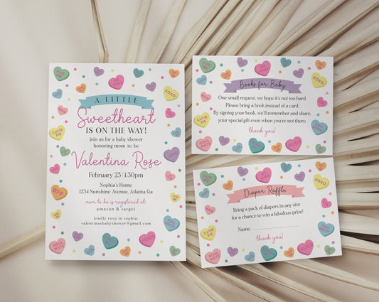 Little Sweetheart Candy Baby Shower Invitation Bundle Instant Download, February winter baby shower for girl, Little valentine baby shower