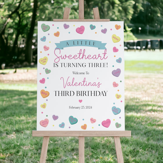 Little Sweetheart Candy Birthday Party Welcome Sign Template, instant download February winter girl 1st birthday, Heart Valentine birthday