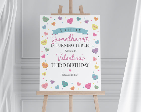 Little Sweetheart Candy Birthday Party Welcome Sign Template, instant download February winter girl 1st birthday, Heart Valentine birthday
