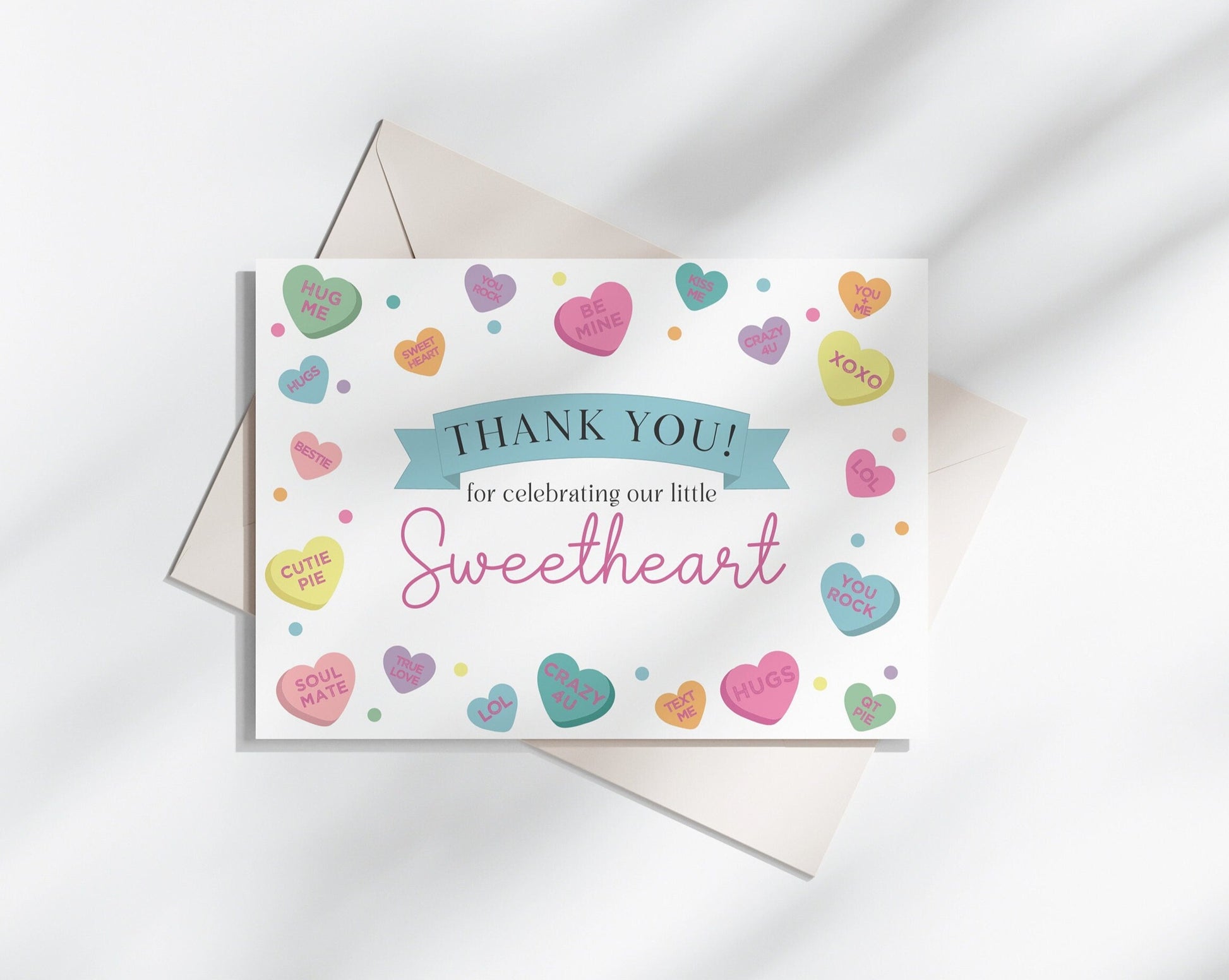 Little Sweetheart Candy Thank You Card Printable, instant download February winter girl birthday or baby shower, little valentines day party