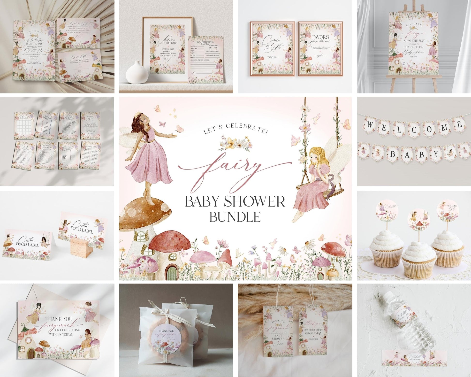 Fairy Baby Shower Bundle Printable Party Decor, enchanted garden fairytale baby shower for girl, magical fairy tea party boho woodland fairy