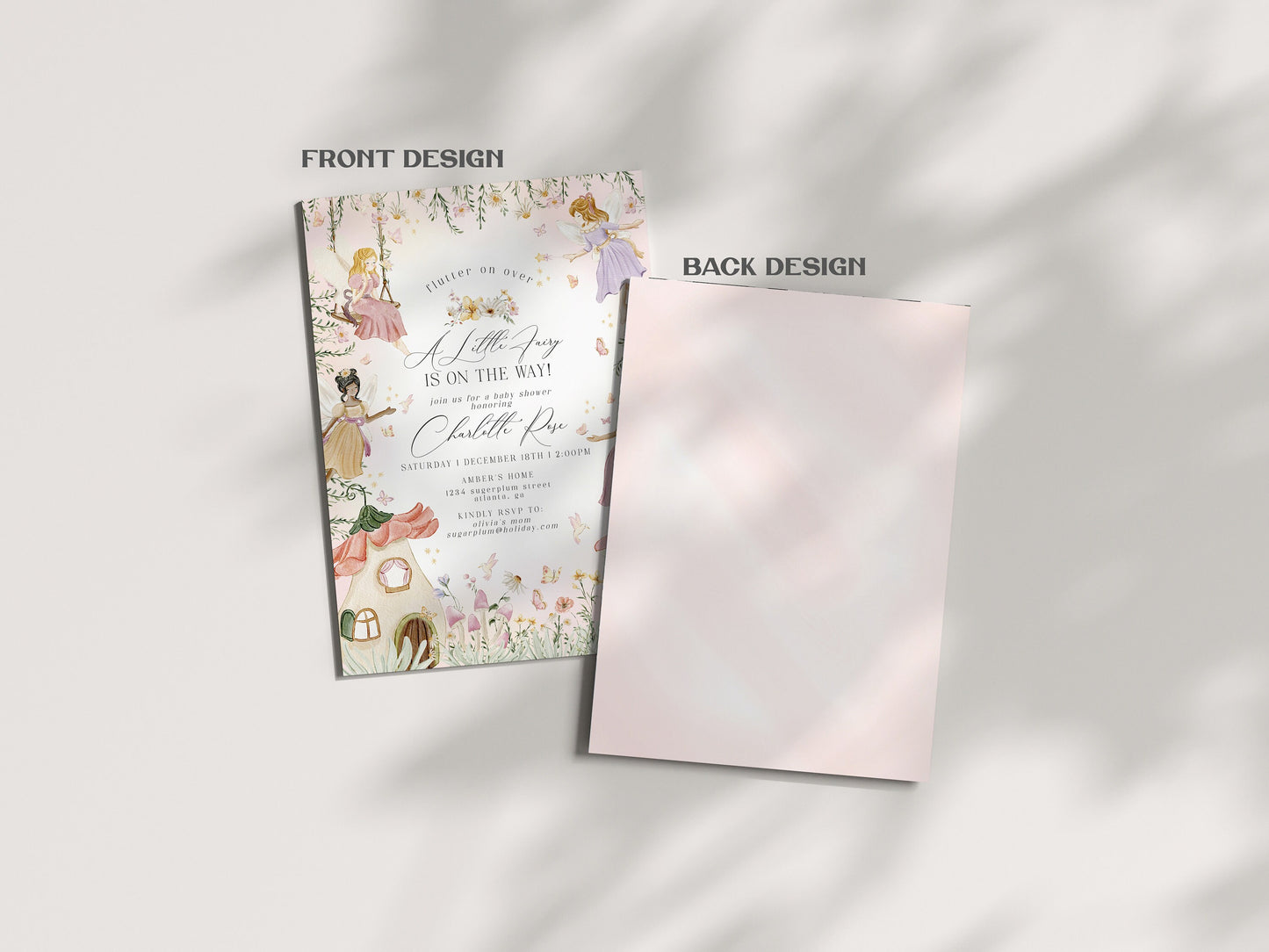 Fairy Baby Shower Invitation Set Template, enchanted garden fairytale girl baby shower, magical fairy tea party, boho woodland fairy forest