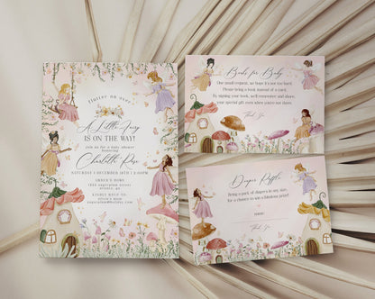 Fairy Baby Shower Invitation Set Template, enchanted garden fairytale girl baby shower, magical fairy tea party, boho woodland fairy forest