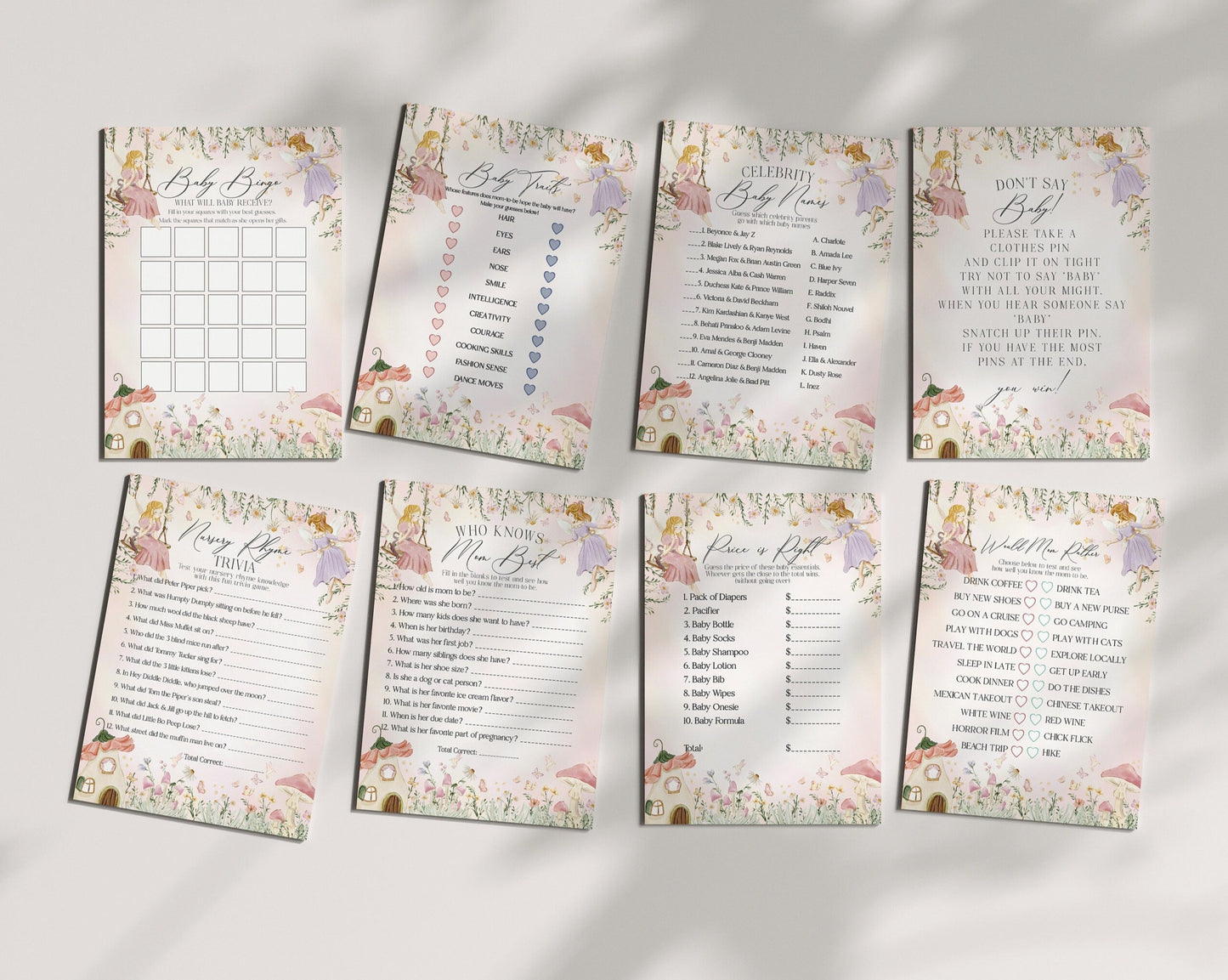 Fairy Baby Shower Games Bundle Printable, enchanted garden fairytale girl baby shower, magical fairy tea party, boho woodland fairy forest