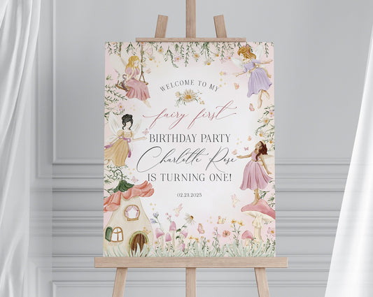 Fairy First Birthday Welcome Sign Template, enchanted garden fairytale girl fairy 1st birthday magical fairy tea party boho woodland fairy