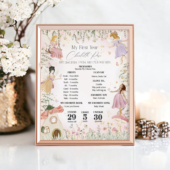 Fairy My First Year Milestone Sign Template, enchanted garden fairytale girl birthday magical fairy party boho woodland fairy 1st birthday