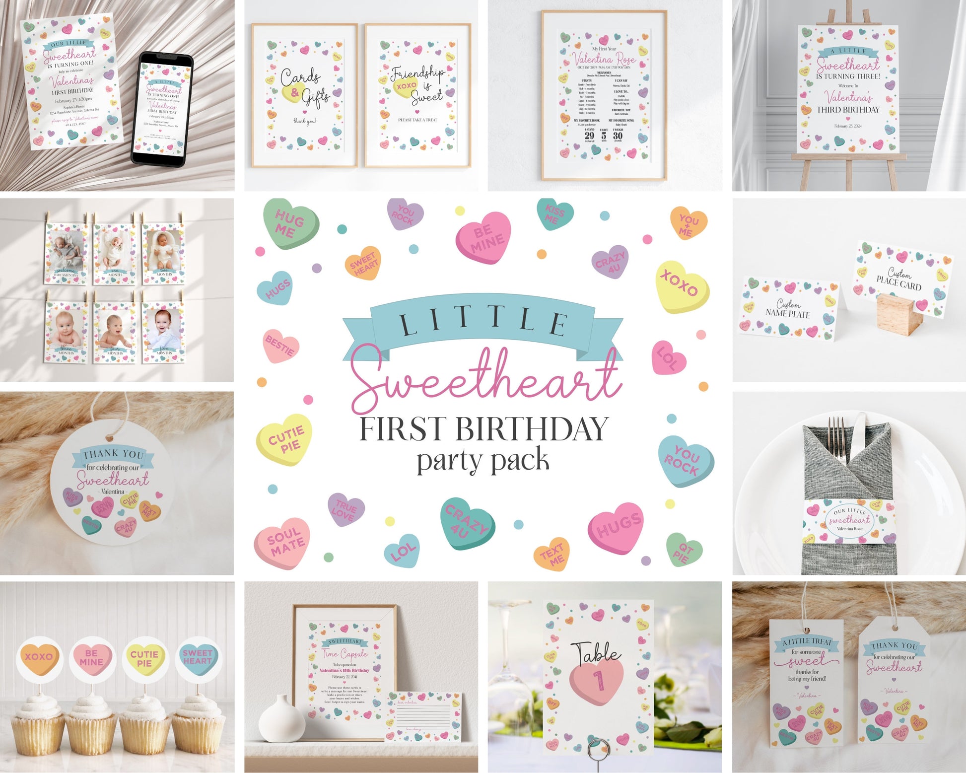 Little Sweetheart Candy First Birthday Bundle Printable, instant download February girl 1st birthday, Valentine birthday party for winter