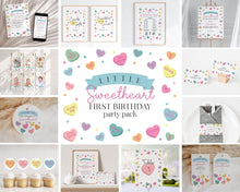  Little Sweetheart Candy First Birthday Bundle Printable, instant download February girl 1st birthday, Valentine birthday party for winter