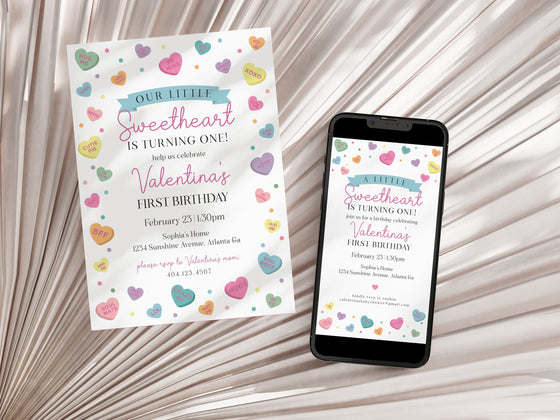 Little Sweetheart Candy First Birthday Bundle Printable, instant download February girl 1st birthday, Valentine birthday party for winter