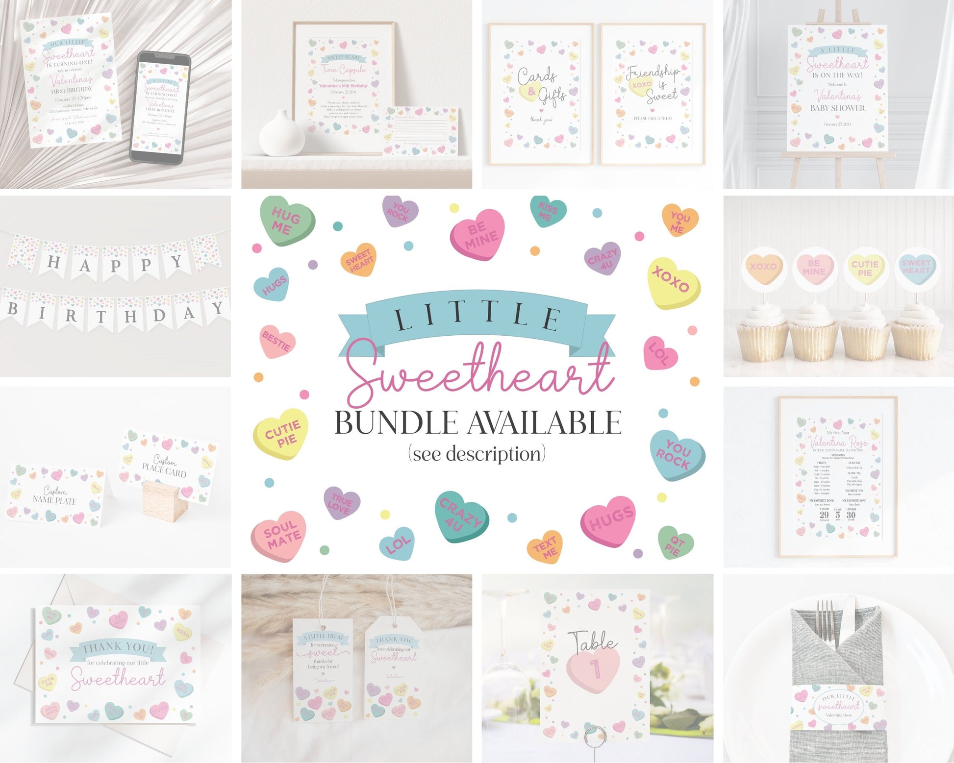 Little Sweetheart Candy Baby Shower Invitation Bundle Instant Download, February winter baby shower for girl, Little valentine baby shower