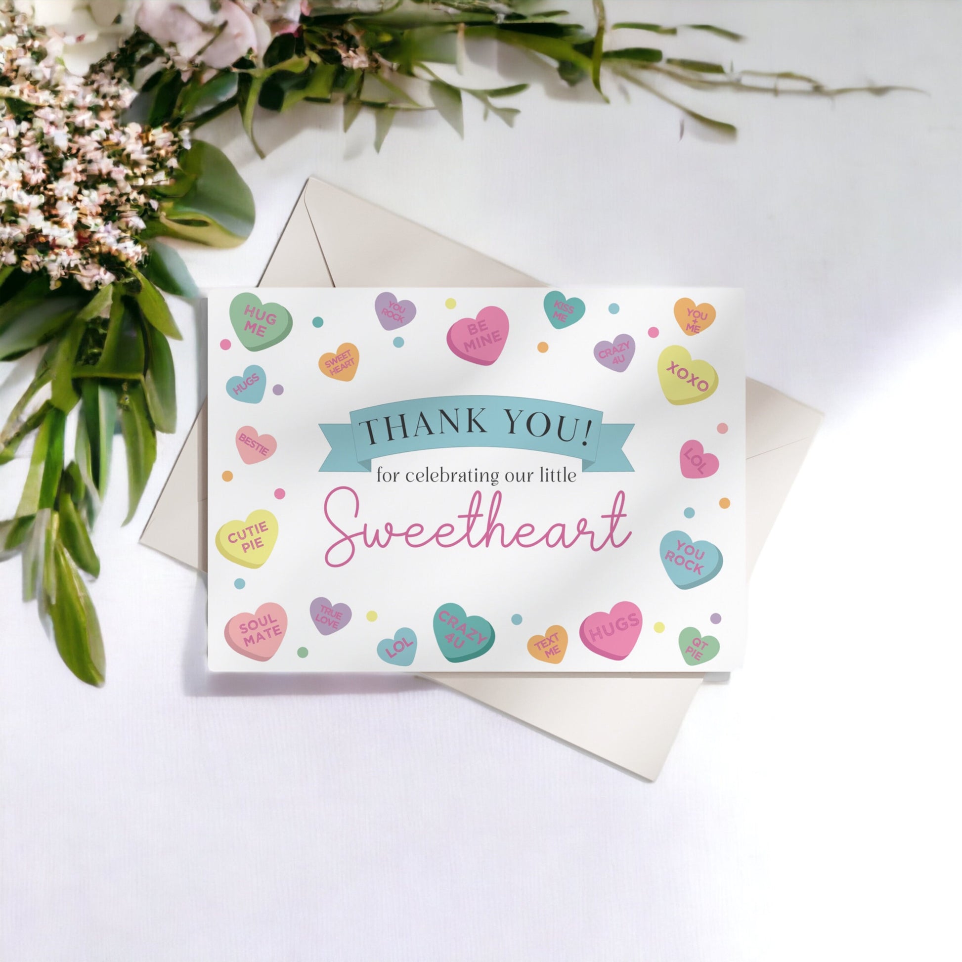 Little Sweetheart Candy Thank You Card Printable, instant download February winter girl birthday or baby shower, little valentines day party