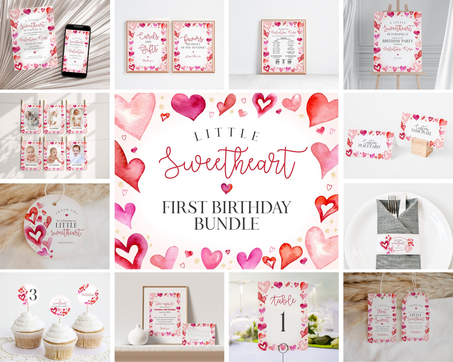 A Little Sweetheart First Birthday Bundle Printable, instant download February 1st birthday for girl, Valentines birthday party for winter