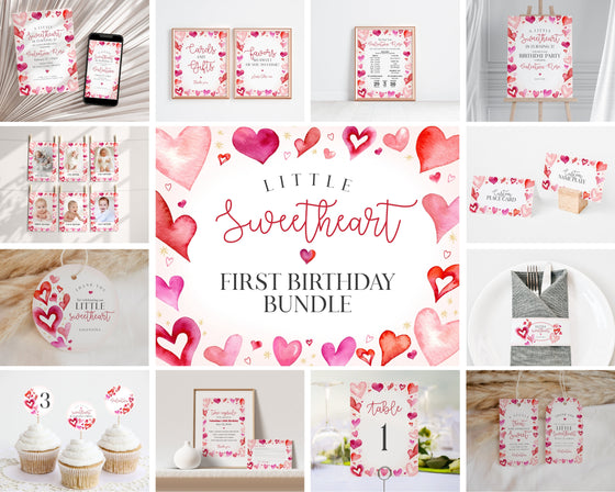 A Little Sweetheart First Birthday Bundle Printable, instant download February 1st birthday for girl, Valentines birthday party for winter