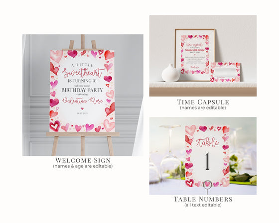 A Little Sweetheart Birthday Bundle Printable, instant download February girl birthday, Little Valentine birthday party for winter