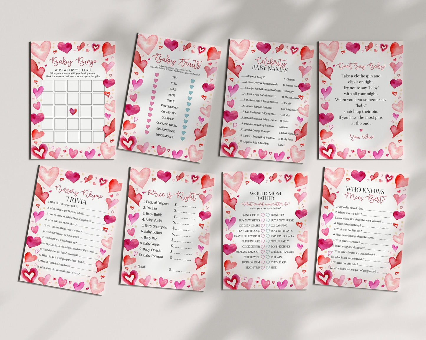 Little Sweetheart Baby Shower Games Bundle, instant download February winter baby shower for girl, little valentine heart theme baby shower