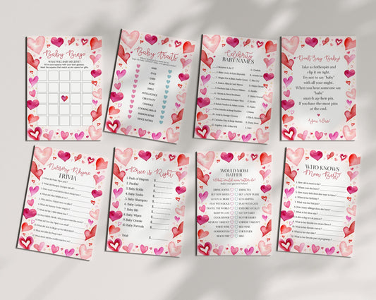 Little Sweetheart Baby Shower Games Bundle, instant download February winter baby shower for girl, little valentine heart theme baby shower