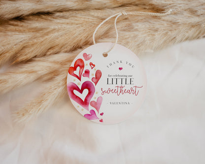 A Little Sweetheart Birthday or Baby Shower Circle Favor Tag Instant Download, February birthday for girl, Little Valentine heart theme