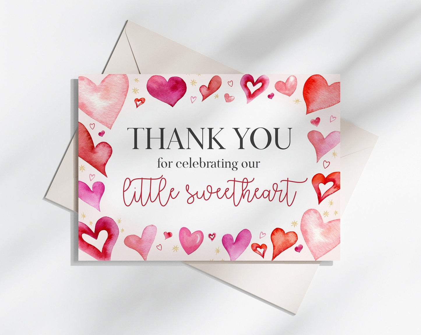 A Little Sweetheart Thank You Card Printable, instant download February winter girl birthday or baby shower, little valentine heart theme