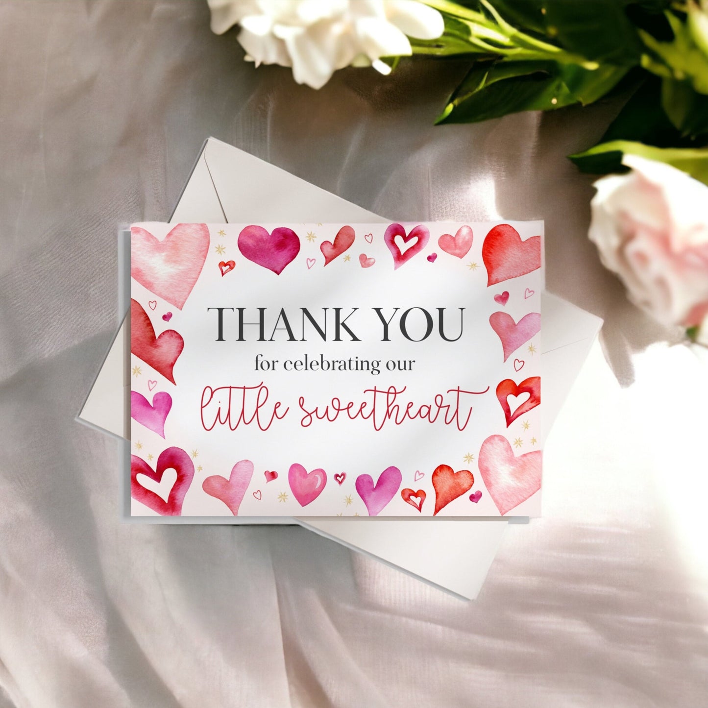 A Little Sweetheart Thank You Card Printable, instant download February winter girl birthday or baby shower, little valentine heart theme