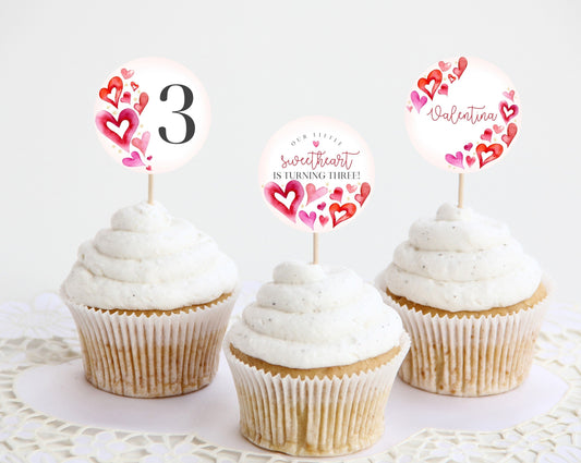 A Little Sweetheart Cupcake Toppers Printable, February winter birthday party for girl, Little Valentines Day Heart Theme Birthday Party