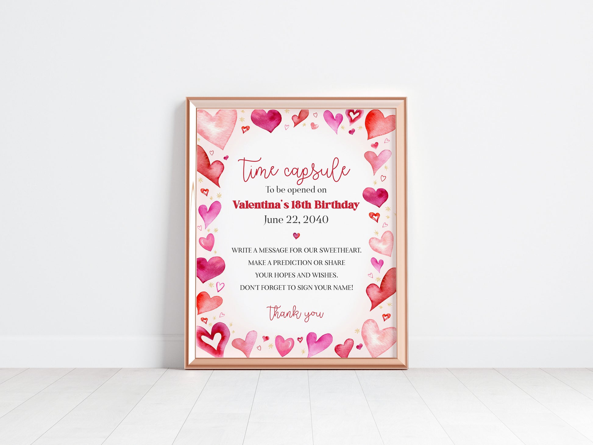 A Little Sweetheart Time Capsule Printable Template, February Girl Birthday party, valentines heart theme winter baby shower advice for baby