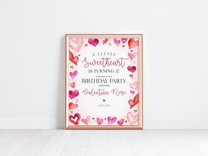 A Little Sweetheart Birthday Party Welcome Sign Template, instant download February winter girl 1st birthday, Heart Theme Valentine birthday