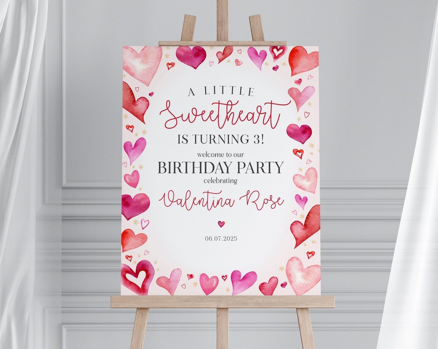 A Little Sweetheart Birthday Party Welcome Sign Template, instant download February winter girl 1st birthday, Heart Theme Valentine birthday