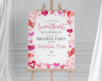 A Little Sweetheart Birthday Party Welcome Sign Template, instant download February winter girl 1st birthday, Heart Theme Valentine birthday