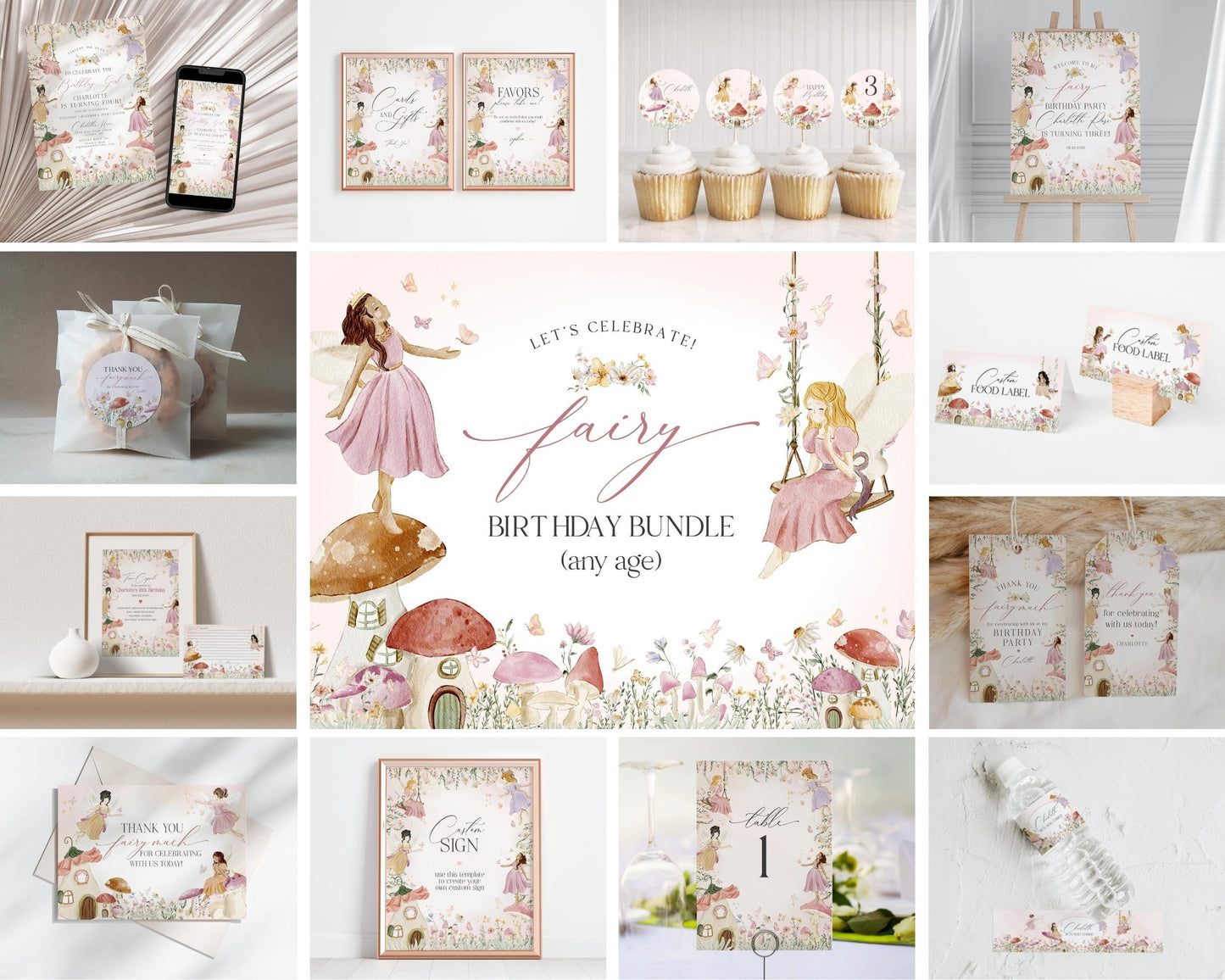 Fairy Birthday Party Bundle Template, enchanted garden fairytale birthday party for girl, magical fairy tea party boho woodland fairy