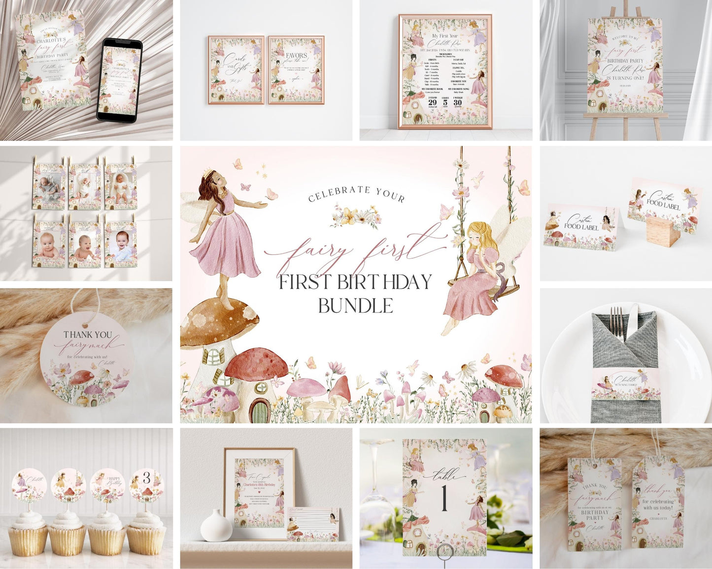 Fairy First Birthday Party Bundle Printable Template, enchanted garden fairytale girl birthday, magical fairy tea party boho woodland fairy