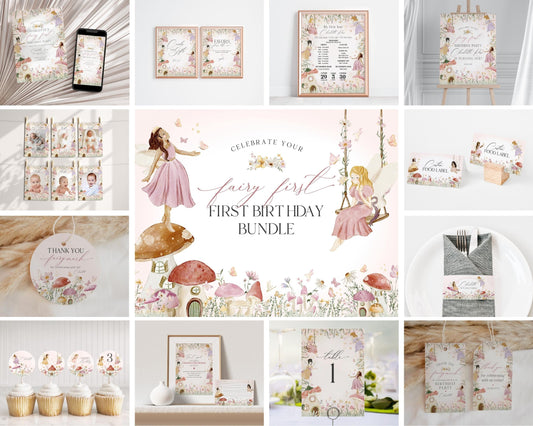 Fairy First Birthday Party Bundle Printable Template, enchanted garden fairytale girl birthday, magical fairy tea party boho woodland fairy